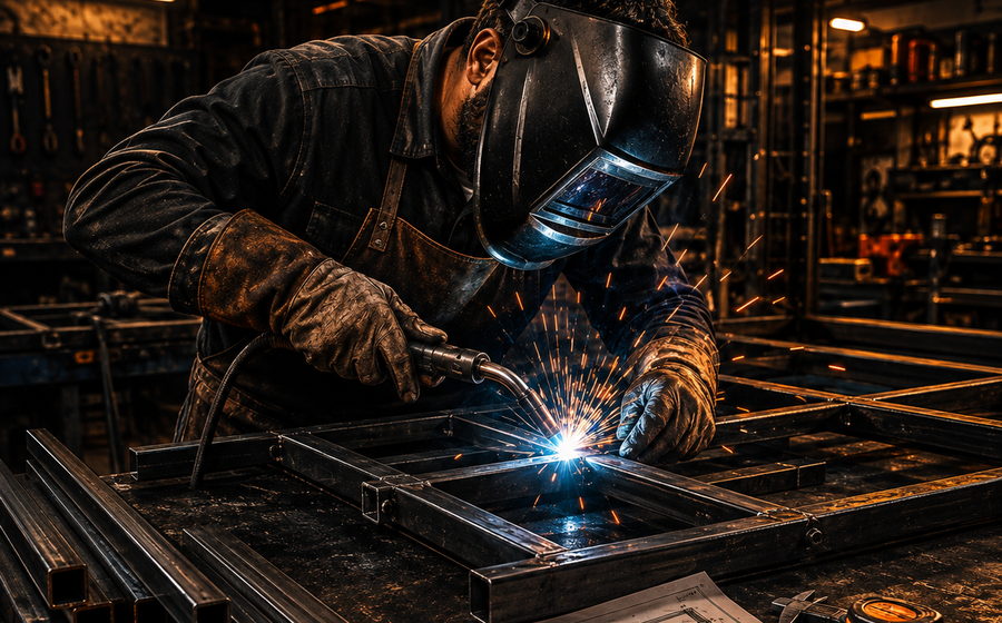 Soldador trabajando con la lista de despiece a mano